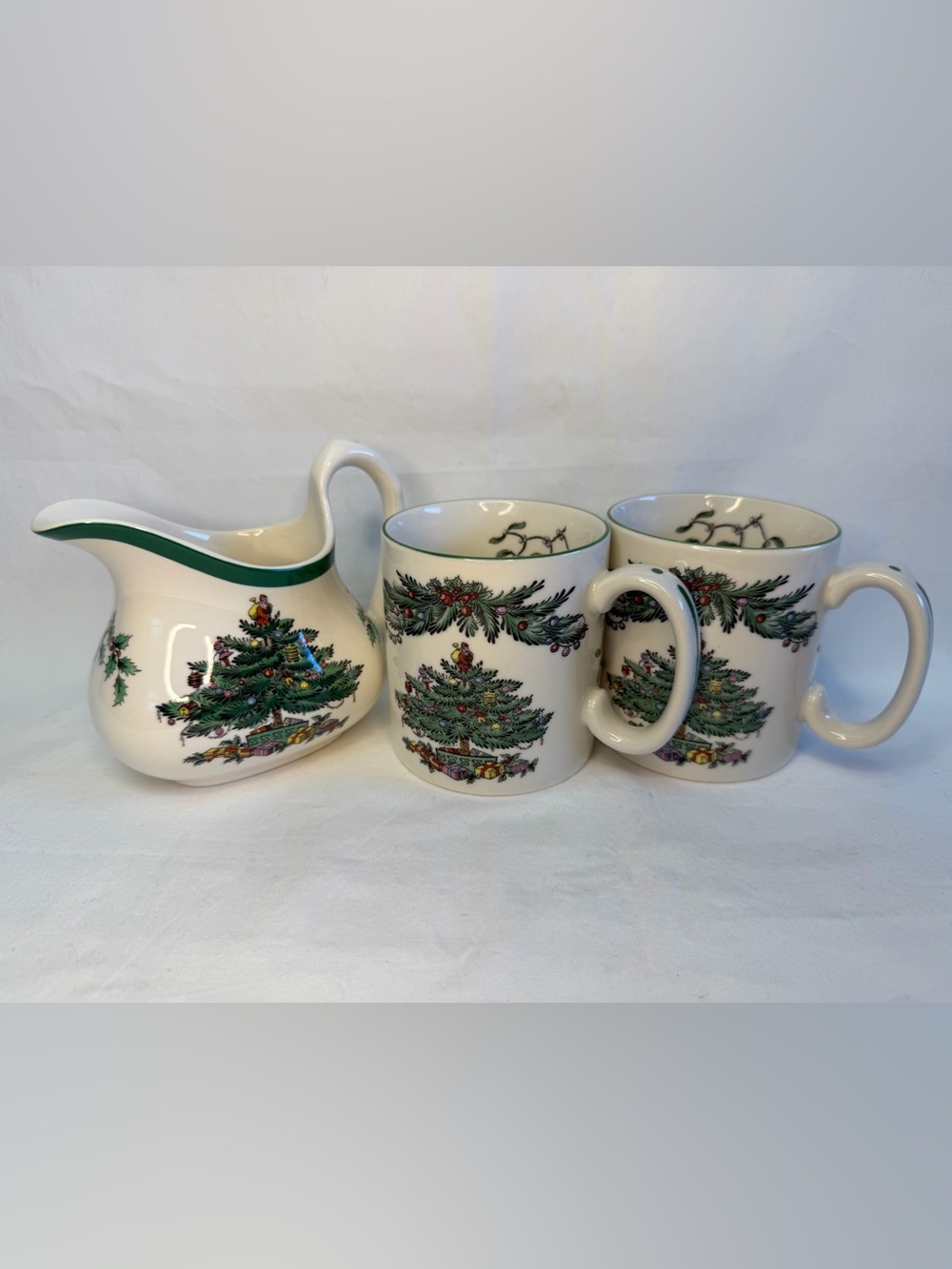 Spode Christmas Tree Ceramic Creamer and Mugs Set - Green Trim Garland Santa